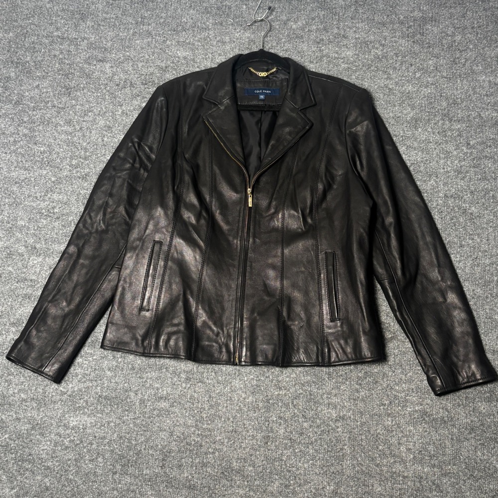 Cole Haan Women XXL Black Lambskin Leather Jacket Wing Collar Gold Zip 356M2209